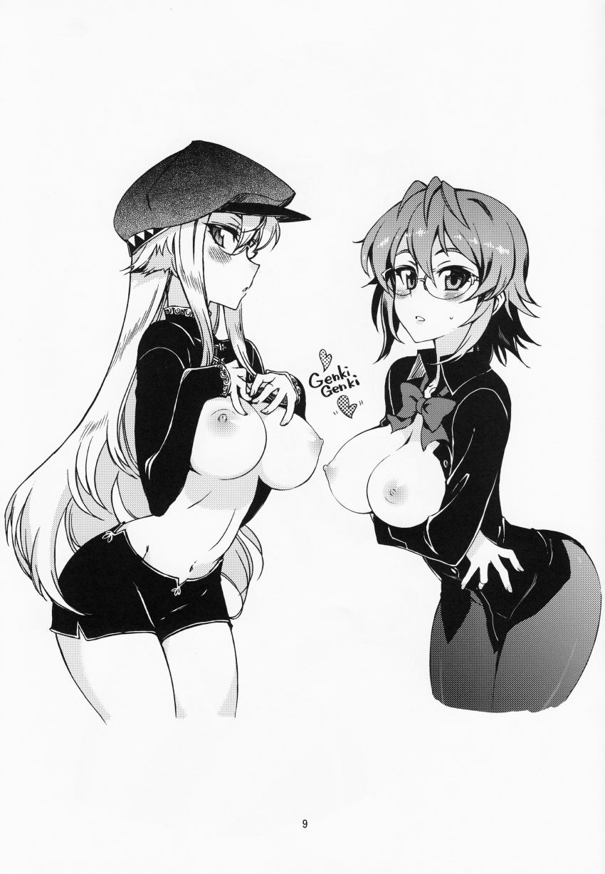 2girls absurdres blush bow breasts breasts_out cleavage glasses greyscale hat heart highres kusanagi_tonbo large_breasts long_hair long_sleeves looking_at_viewer monochrome multiple_girls navel neck_ribbon necktie nipples original pantyhose ribbon shirt_lift short_hair short_shorts shorts simple_background white_background