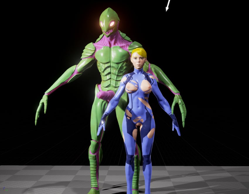 1boy 3d alien blonde_hair erection female huge_cock male metroid nintendo penis polybits samus_aran space_pirate standing torn_clothes zebesian zero_suit zero_suit_samus