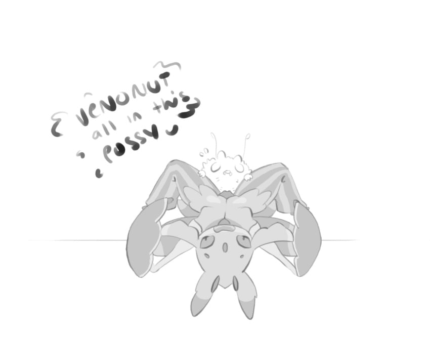 1boy 1girls antennae english_text female insect interspecies lurantis male mantis monochrome nintendo pokemon sex spread_legs straight text unknown_artist venonat video_games