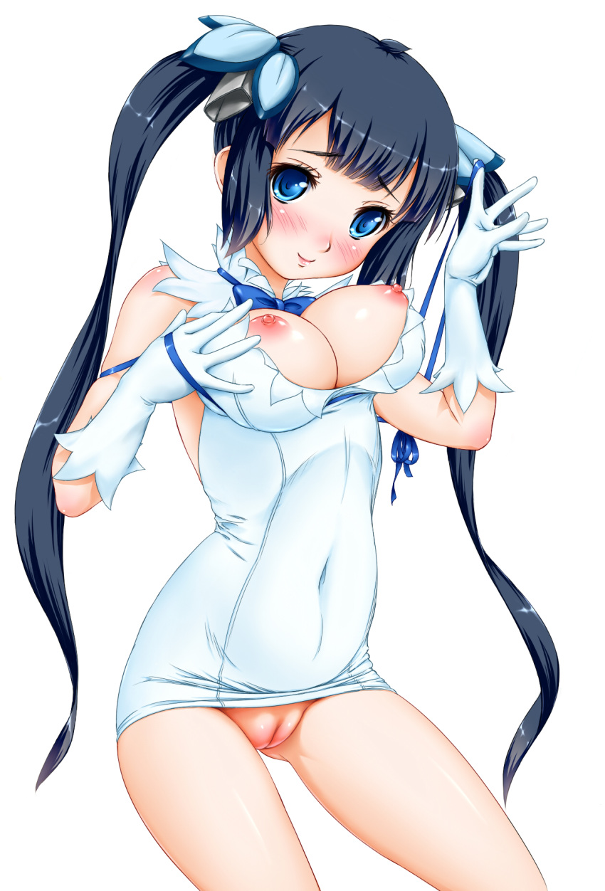 ass_visible_through_thighs black_hair blue_eyes blush breasts cowboy_shot dress dungeon_ni_deai_wo_motomeru_no_wa_machigatteiru_darou_ka female gloves hestia_(danmachi) highres himadarou large_breasts long_hair nipples no_panties pussy rei_no_himo smile solo standing twintails uncensored very_long_hair