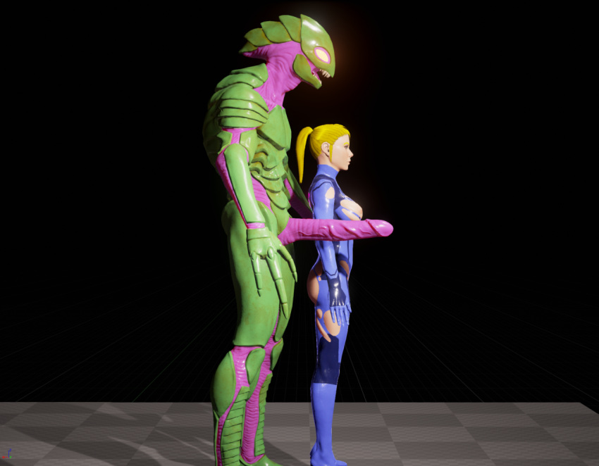 1boy 3d alien blonde_hair erection female huge_cock male metroid nintendo penis polybits samus_aran space_pirate standing torn_clothes zebesian zero_suit