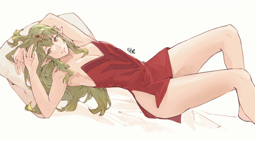 1girls alternate_hairstyle armpits bare_legs big_breasts breasts cleavage female fire_emblem fire_emblem_awakening green_eyes green_hair hair_down long_hair lying on_bed pillow pointy_ears sakuremi simple_background smile solo solo_female tiki_(adult)_(fire_emblem) tiki_(fire_emblem) white_background