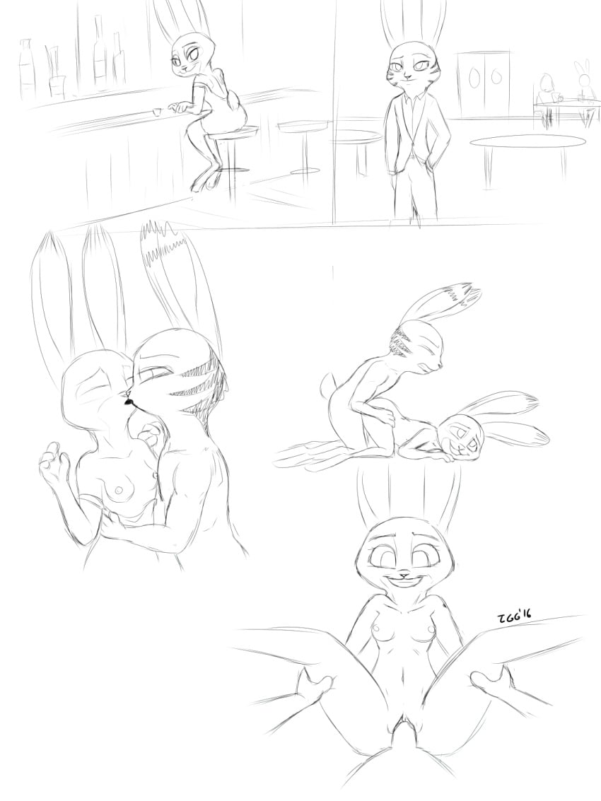 anthro black_and_white breasts cheating cheating_girlfriend clothing cuckold disney dress duo female jack_savage judy_hopps kissing lagomorph male mammal monochrome nipples penis pussy rabbit small_breasts straight tggeko vaginal_penetration zootopia