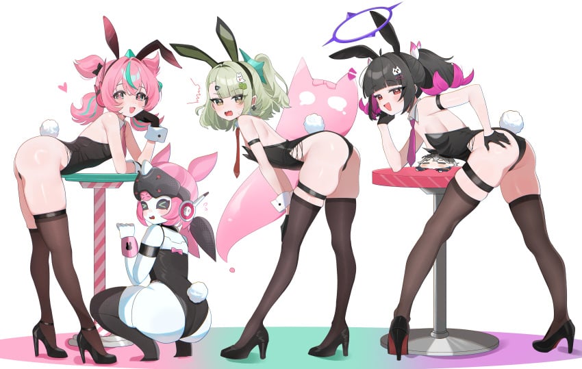 4girls absurdres alternate_costume angels_of_delusion aqua_hair aria_(discordant_note)_(zenless_zone_zero) aria_(zenless_zone_zero) aria_(zenless_zone_zero)_(human_form) aria_(zenless_zone_zero)_(robot_form) ass bare_shoulders bent_over black_bow black_gloves black_hair black_leotard black_shoes black_thighhighs blush bow breasts brown_thighhighs bunnysuit collar detached_collar dual_persona embarrassed extra_ears fake_animal_ears flustered gloves hair_bow hair_ornament hairclip hand_on_own_ass headset high_heels high_resolution highres leaning_on_table legwear leotard long_hair looking_at_viewer medium_hair multicolored_hair multiple_girls multiple_hairclips nangong_yu_(rhapsody's_muse)_(zenless_zone_zero) nangong_yu_(zenless_zone_zero) necktie open_mouth pink_hair pink_necktie pink_streaks ponytail quad_tails rabbit_ears rabbit_tail red_eyes shoes shusuchii simple_background small_breasts smile smug solo squatting stool streaked_hair sunna_(zenless_zone_zero) sweat sweatdrop tail thigh_strap thighhighs thighs two-tone_hair white_background white_collar white_wrist_cuffs wise_(zenless_zone_zero) wrist_cuffs zenless_zone_zero