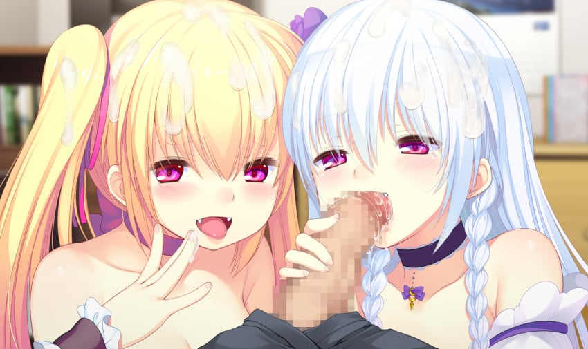 1boy 2girls blonde_hair braids censored chibi_pire!_~kyuuketsu_shimai_to_ecchi_de_bitch_na_dousei_seikatsu~ cum cute_fang erectlip fellatio fujisaki_hikari game_cg licorice_(chibi_pire!) lily_(chibi_pire!) multiple_girls oral purple_eyes tied_hair twintails white_hair