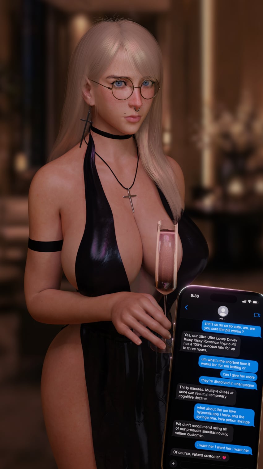 1girls 3d 3d_(artwork) about_to_be_raped alcohol alcoholic_drink alluring armband armbands bare_legs beauty_mark beauty_mark_under_eye black_armband black_choker black_dress blender blender_eevee blonde_hair blue_eyes breasts champagne child_bearing_hips choker cleavage cleavage_dress cross_earrings cross_necklace curvaceous curvy cute dress drink drinking_glass drugs emoji english_text fancy_clothing female female_focus female_only glass glasses goth goth_girl grace_(osimai) heart_emoji heavenly_body hotel hourglass_figure huge_breasts hypnosis imminent_bondage imminent_hypnosis imminent_kidnapping imminent_rape imminent_sex innocent iphone lip_piercing long_dress long_legs looking_at_viewer luka_(osimai) mole mole_above_mouth mole_on_nose mole_under_eye nerdy_female nose_piercing nose_ring offscreen_character original_character osimai party phone phone_screen septum_piercing septum_ring spiked_drink tall_female text texting tight_clothing tight_dress unseen_character voluptuous young_female