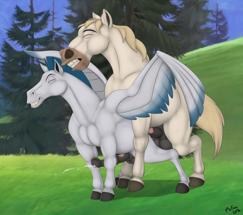 2boys anal anal_sex balls closed_eyes crossover cum cumshot disney duo ejaculation equine feral flared_penis from_behind_position gay hercules_(disney) hooves horse looking_pleasured male male_only mammal maximus_(tangled) mcfan medial_ring mounting orgasm outdoors pegasus pegasus_(hercules) penetration penis quadruped sex signature smile tangled testicles the_hunchback_of_notre_dame wings yaoi