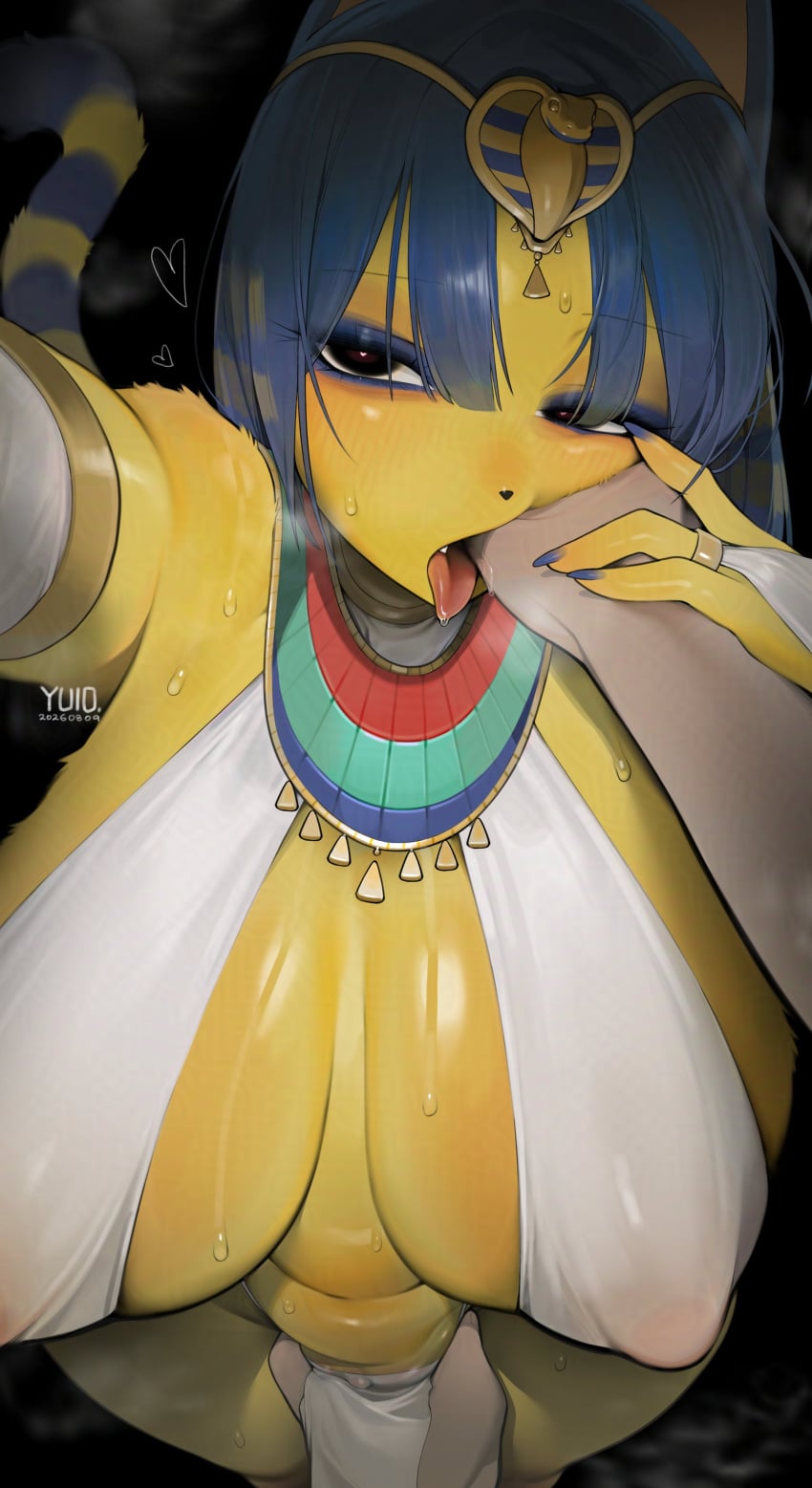 1boy 1girl 1girls 2026 2d 2d_artwork animal_crossing ankha ankha_(animal_crossing) anthro anthro_female anthro_focus artist_logo artist_name big_boobs big_breasts big_thighs black_background black_eyes blue_hair cat cat_girl catgirl clothes clothing collar cute damn_she_thicc_as_hell digital_drawing_(artwork) digital_media_(artwork) dress drooling finger_in_mouth grabbing_hand grabbing_pussy half-closed_eyes hand_on_hand hand_on_pussy hand_on_vagina handwear headwear heart heart-shaped_pupils heart_eyes heart_symbol hearts hearts_around_head hi_res highres holding_hand holding_hands holding_mouth holding_mouth_open horny horny_female hot in_heat kalasiris looking_at_viewer looking_pleasured nintendo nipple nipple_outline nipples nipples_visible_through_clothing pussy pussy_visible_through_clothes ring ring_on_finger sexy steam steaming steaming_body sweat sweatdrop sweating tail teeth thick thick_boobs thick_breasts thick_thighs thighs tongue tongue_out touching_hand touching_pussy touching_vagina vagina vagina_visible_through_clothing vaginal watermark wholesome yellow_body yellow_skin yuio