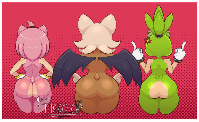 3girls afrosoricid amy_rose angry anthro ass ass_focus back_view bat_wings big_thighs breasts brown_body brown_skin butt completely_nude ear_piercing eulipotyphlan furry_female green_body green_fur hands_on_hips huge_ass mammal middle_finger mobian mobian_(species) nude pink_body red_hairband ring rouge_the_bat sonic_(series) sonic_the_hedgehog_(series) surge_the_tenrec thako_ch thick_thighs thighs tomboy white_fur white_gloves white_handwear wide_hips wings