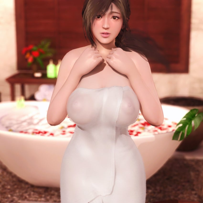 3d areolae brown_hair cleavage dead_or_alive dead_or_alive_5 doahdm embarrassed embarrassed_nude_female enf gravure_studio huge_breasts humiliation long_hair naked nipples nipples_visible_through_clothing nude sayuri_(dead_or_alive) see-through see-through_clothes see-through_clothing towel towel_only transparent_clothing