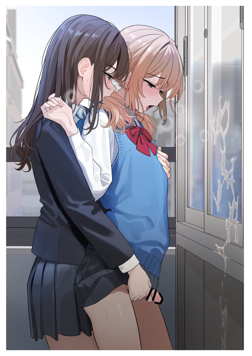 2boys after_handjob androgynous blonde_hair blue_bowtie blue_eyes blue_jacket blue_skirt blue_sweater blush border bowtie brown_hair building censor_bar censored center-flap_bangs cowboy_shot crossdressing cum cum_on_glass cum_on_wall cum_outside day daytime ears eyebrows_visible_through_hair femboy femenine_male frilled_hairband from_behind girly glass grabbing grabbing_another's_chest grabbing_another's_penis grabbing_chest grabbing_penis green_eyes hair_clips handjob jacket lifted_by_another lifted_shirt lifting_another's_clothes lifting_skirt long_sleeves looking_at_partner low_twintails male male_focus male_only medium_hair miniskirt open_mouth orgasm orgasm_face original outdoors penis pleated_skirt portrait red_bowtie school_uniform schoolgirl_uniform shadow shirt short_sleeves side_view skirt sky small_penis standing sweat sweatdrop sweater sweater_vest swept_bangs teeth thighs tongue tongue_out turisasu twintails upper_teeth upper_teeth_only very_high_resolution white_border white_shirt window yaoi
