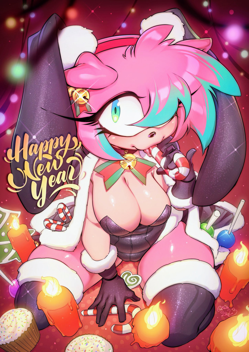 1girls amy_rose anthro ass black_gloves breasts bunnysuit candy eulipotyphlan female furry furry_female gofa green_highlights happy_new_year hedgehog highlights_(coloring) leotard looking_at_viewer looking_up mammal new_year pink_hair red_hairband sega short_hair sonic_(series) sonic_the_hedgehog_(series) thighhighs tongue tongue_out