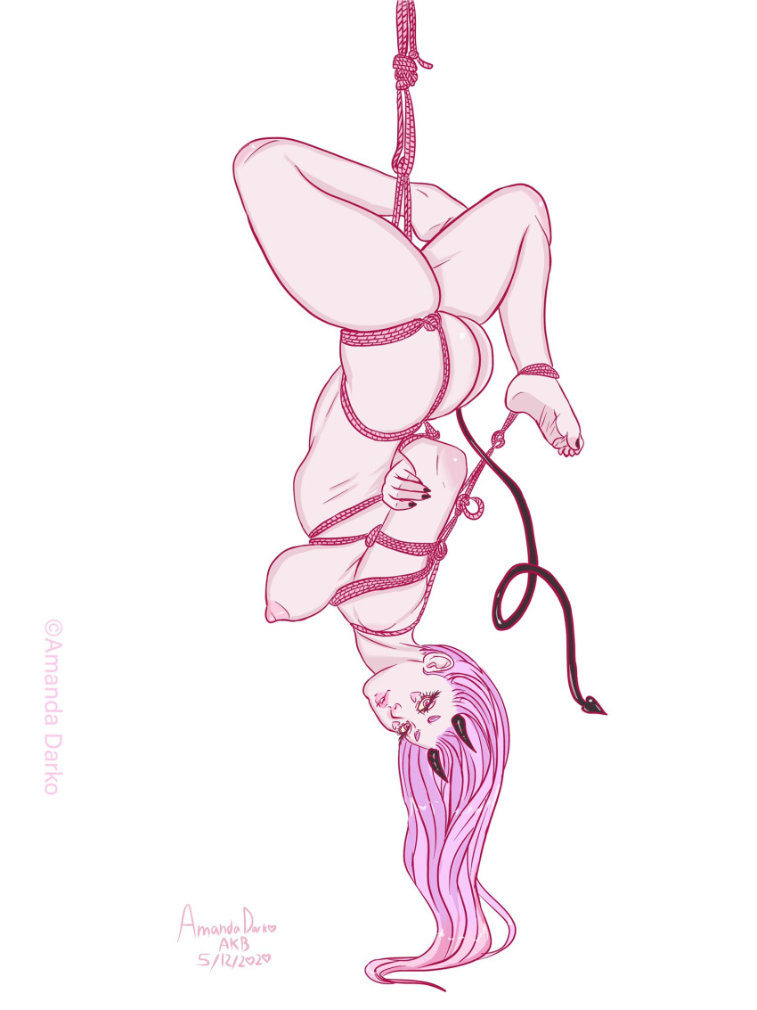 1girls amandadarko areolae arms_behind_back bondage bound breasts feet female female_only femsub horns long_hair nipples nude pink_hair rope rope_bondage sideboob simple_background soles solo suspension thick_thighs thighs upside-down white_background