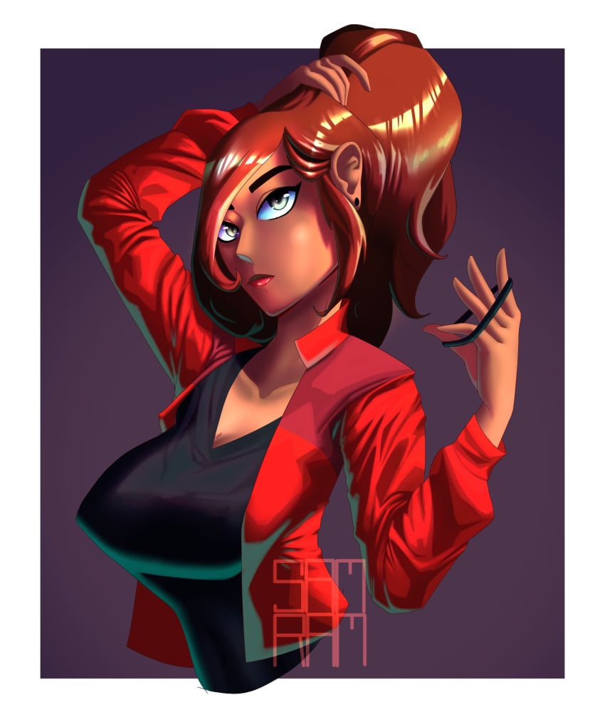 big_breasts black_shirt carmen_sandiego carmen_sandiego_(2019) dark-skinned_female dark_skin half_body one_girl only_girl red_hair red_jacket red_lipstick