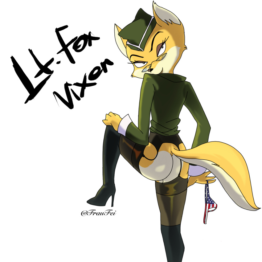 american_flag american_flag_panties artist_name artist_upload female flag_panties fox fraufei furry_female heels lt._fox_vixen military_uniform panties self_upload squirrel_and_hedgehog stockings uniform