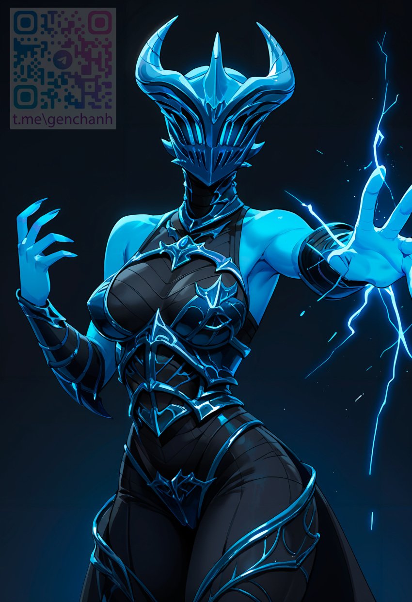 ai_generated bare_shoulders breasts dota_2 electric genderswap_(mtf) genhartist helmet hips lightning mask qr_code r63 razor standing