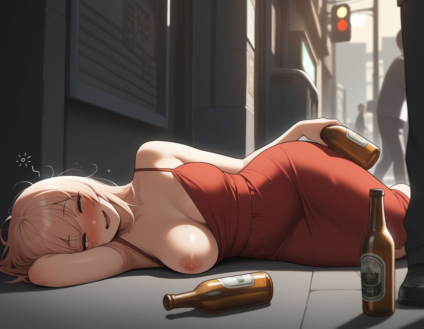 ai_generated beer beer_bottle big_breasts drunk exposed_breasts exposed_nipples exposed_pussy nipslip on_the_floor wardrobe_malfunction