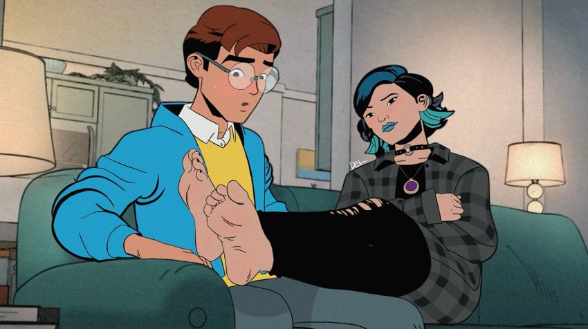 accurate_art_style asian asian_female barefoot black_hair blue_hair blush chocker deliriousarts feet feet_focus foot_fetish foot_focus fully_clothed goth_girl marvel necklace nico_minoru peter_parker purple_lipstick redraw scene_reference spider-man_(series) surprised_expression talking_to_partner teasing torn_pants your_friendly_neighborhood_spider-man_(2025)