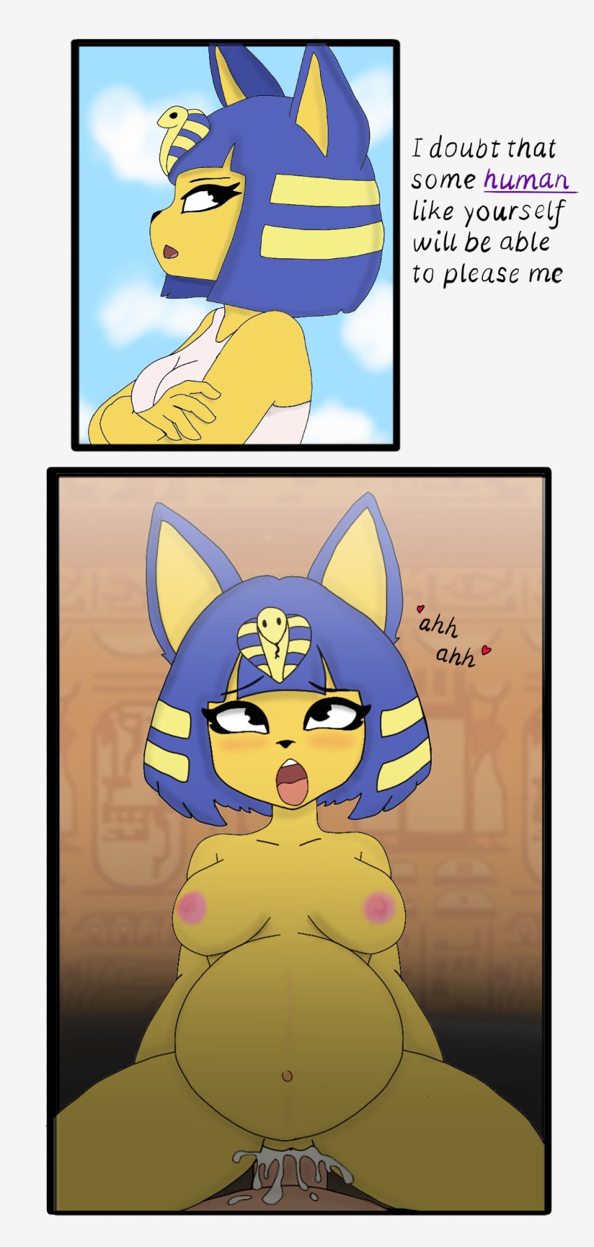 animal_crossing ankha_(animal_crossing) anthro belly blush bodily_fluids breasts clothing cowgirl_position crossed_arms cum cum_inside dialogue domestic_cat duo ejaculation felid feline felis female from_front_position genital_fluids genitals hair hi_res hieroglyphics imprettynormai inflation inflation male male/female mammal moan navel nintendo nipples on_bottom on_top orgasm orgasm_face penetration penis pussy sex side_eye simple_background sky text tongue tongue_out vaginal_penetration vaginal_penetration