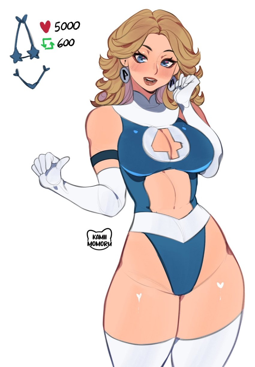 1girls 2d blonde_hair blue_eyes breasts cleavage earrings english_text fantastic_four female female_only fully_clothed hi_res invisible_woman invisible_woman_(marvel_rivals) kamii_momoru large_breasts light-skinned_female light_skin like_and_retweet marvel marvel_comics marvel_rivals revealing_clothes solo sue_richards sue_storm sue_storm_90s_costume superheroine text thighhighs thighs tight_clothing wide_hips