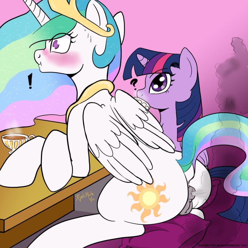 accidental_fart alicorn animal anus ass blush blushing color duo equine fart fart_fetish friendship_is_magic hi_res horn kyokimute mammal my_little_pony princess_celestia_(mlp) public public_fart pussy tea tea_cup twilight_sparkle_(mlp) wings