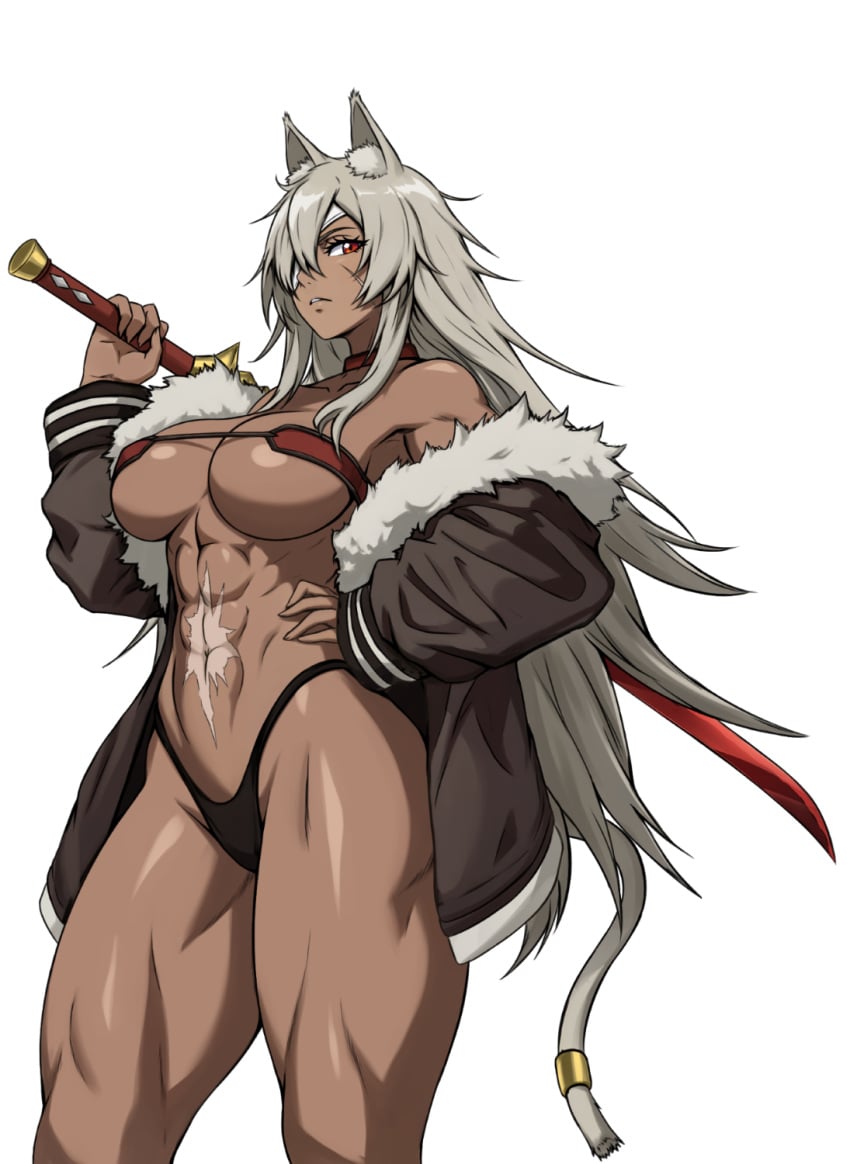 1girl abs animal_ears dark_skin eyepatch ghislaine_dedoldia grey_hair jacket large_breasts muscle muscular muscular_female muscular_thighs mushoku_tensei red_eye sword tail toned zantyarz