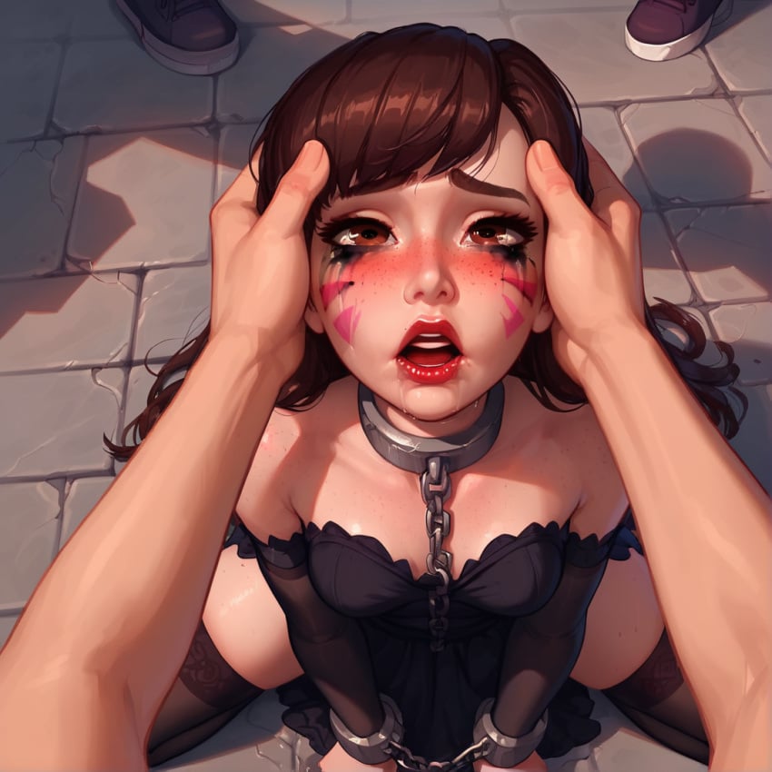 ai_generated armwear black_dress blue_eyes bondage bound_arms choker collar crying_with_eyes_open cum cum_on_face d.va domination dress female femsub hana_song metal_collar rape restrained runny_makeup shackles slave slave_training solo stockings thighhighs thong thong_straps wet white_hair