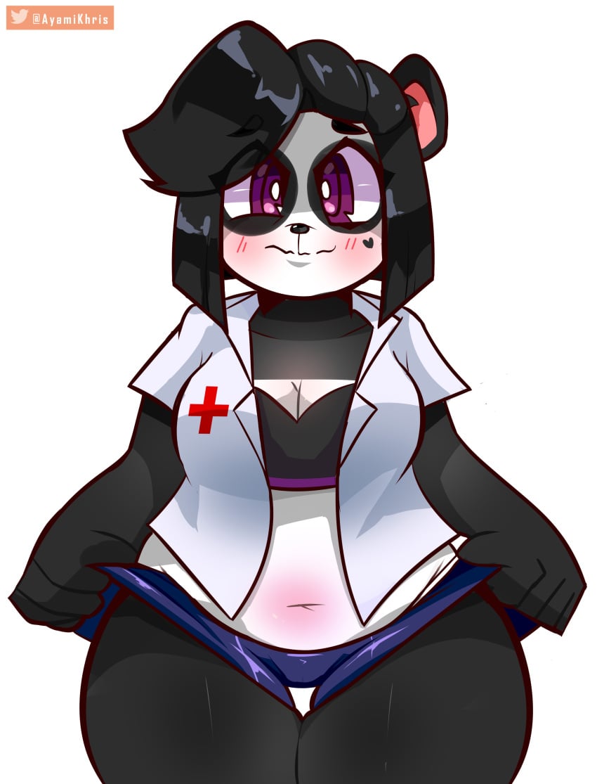 anthro black_fur black_hair blush blush breasts chubby clothed clothing curvaceous cute female fur hair hat miss_raccoonto nurse nurse_hat nurse_uniform original_character overweight panda pose purple_eyes red_eyes solo white_fur