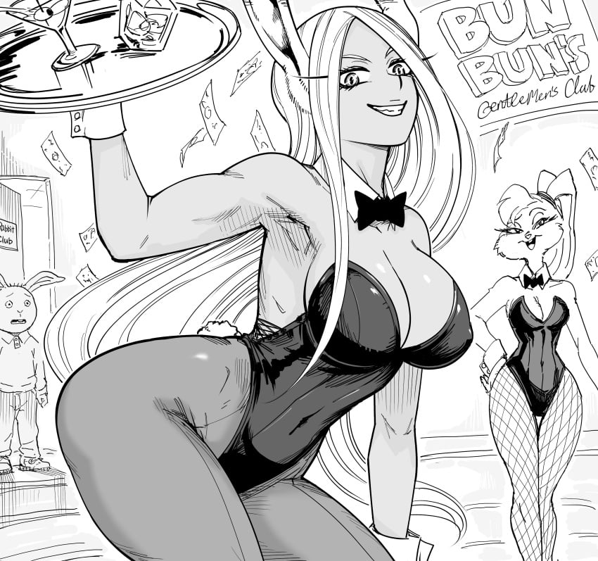 2girls absurd_res anthro bb_(baalbuddy) boku_no_hero_academia bunny_ears bunny_girl bunnysuit crossover dark-skinned_female dark_skin detached_collar english_text female fishnets greyscale leporid lola_bunny long_hair looking_at_viewer looney_tunes miruko monochrome my_hero_academia neck_ribbon pantyhose rumi_usagiyama smiling smiling_at_viewer teeth_showing text tray warner_brothers white_background white_hair wrist_cuffs