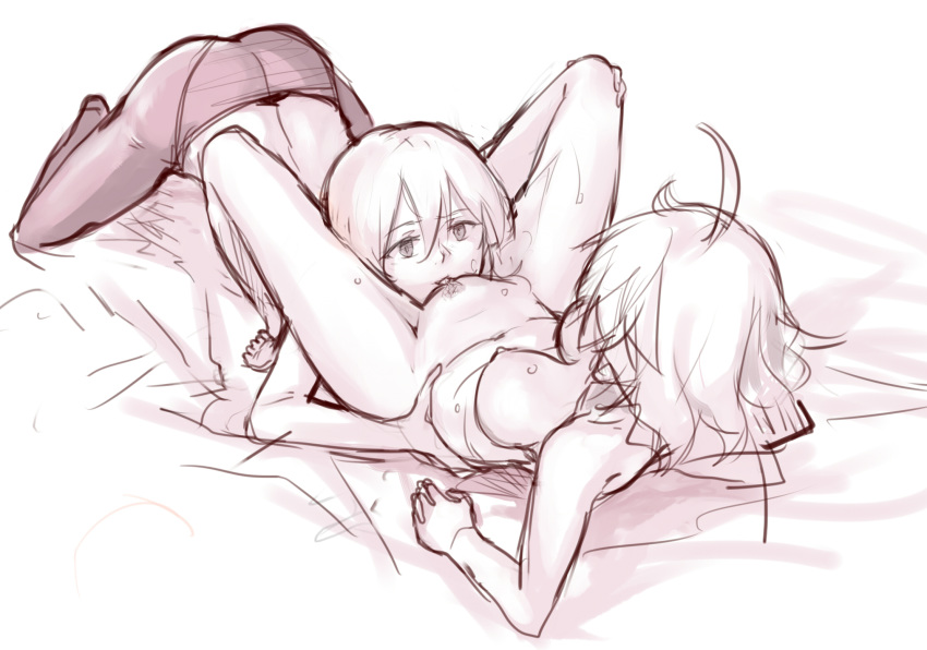 2girls ahoge akuma_no_riddle ass blonde_hair blush breasts brown_eyes brown_hair cunnilingus hashiri_nio ibityuttyu large_breasts monochrome multiple_girls nipples open_mouth oral_sex pantyhose pussy red_eyes sketch text topless yuri yuri_meichi