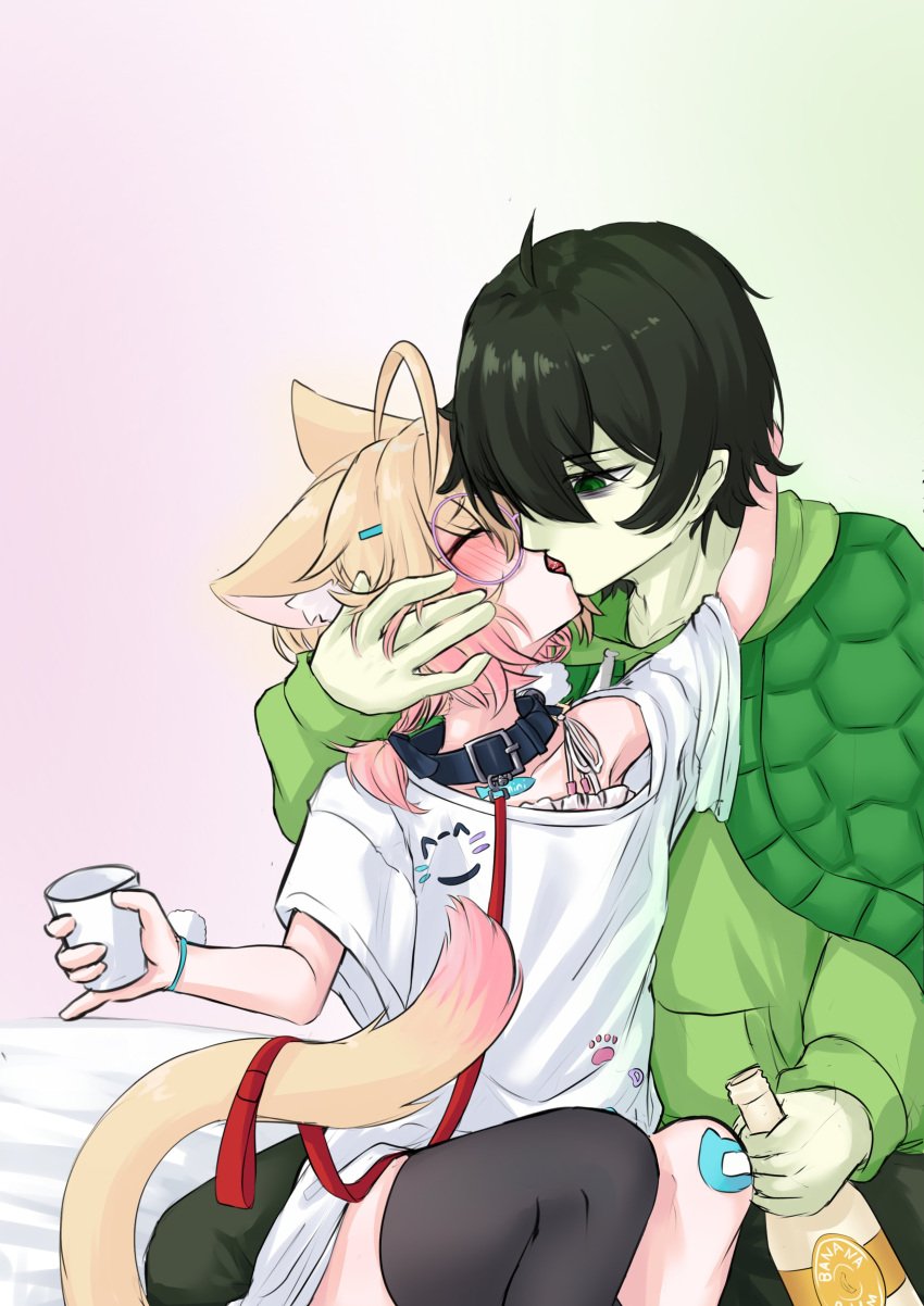 black_hair blue_eyes cat_ears cat_tail catgirl drinking green_eyes green_skin kissing minikomew vedal987