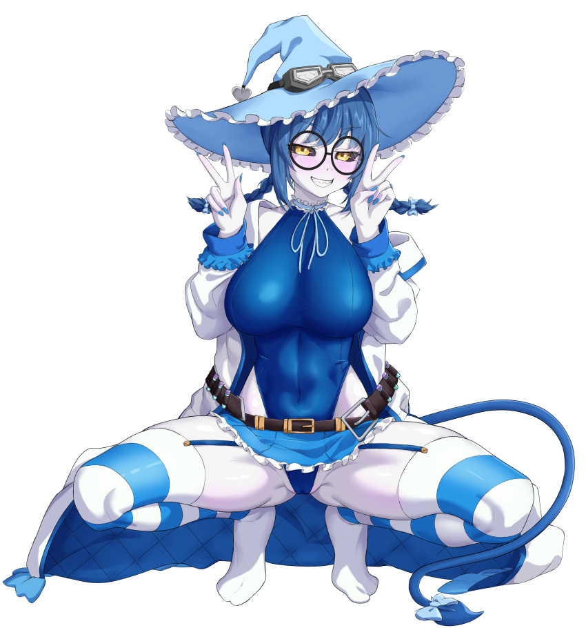 bare_thighs belt black_sclera blue_bodysuit blue_hair blush blush blushing_at_viewer bodysuit cameltoe demon_tail double_v glasses labcoat no_panties no_panties_under_skirt reverse_cowgirl_position scientist sharp_teeth skirt_up smile smiling_at_viewer squatting striped_legwear suspenders tiefling twintails v_sign virtual_youtuber vtuber white_socks witch_hat yomi_quinnley