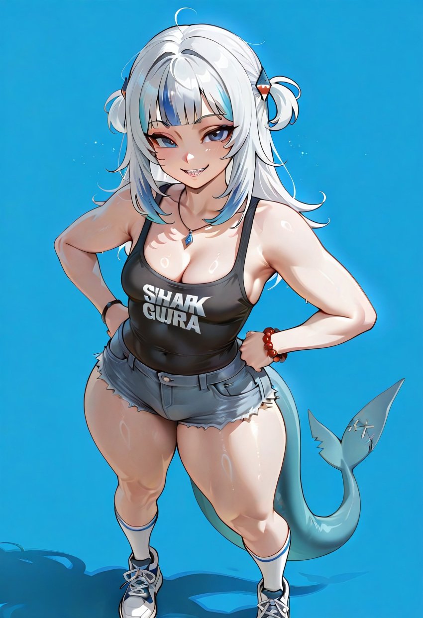 ai_generated cleavage from_above gawr_gura hands_on_hips jean_shorts pale_skin shark_girl shark_tail small_breasts tank_top thick_thighs virtual_youtuber vtuber wide_hips