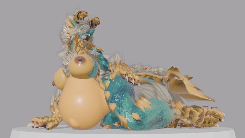 3d anthro apekweit belly big_belly big_breasts blender_(artwork) breasts capcom digital_media_(artwork) fanged_wyvern female hand_on_hip hi_res huge_belly lying monster_hunter on_side phrostbite pregnant scales solo wide_hips zinogre zinogre_(apekweit)