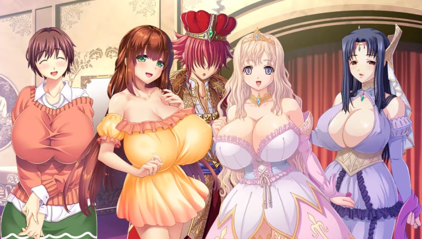 1boy 1boys 4girls bare_shoulders breasts brown_hair cleavage clothed_female clothed_male clothed_male_clothed_female covered_nipples crown dark_blue_hair edit edited female fukunaga_koharu game_cg gigantic_breasts huge_breasts hyper_breasts king kyonyuu_fantasy kyonyuu_reijou_mc_gakuen long_hair luceria_von_diamante lune male male/female maou_ga_gendai_sekai_ni_tensei_shitara_oppai_o_medenakute_wa_naranaku_natta_ken married_woman massive_breasts mature_female mirror multiple_girls nipples_visible_through_clothing older_sister platinum_blonde_hair princess queen red_hair rokusaanu_do_dejiiru ryuuto_henge schoolgirl short_hair tiara waffle yawato_iroha