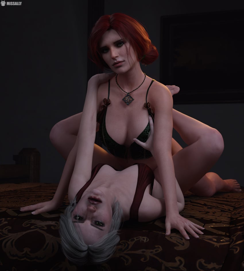 2girls bra breast_grab breasts cd_projekt_red ciri collar female freckles green_eyes legs_up light-skinned_female lingerie looking_at_viewer mascara missally panties red_hair scar spread_legs the_witcher_(series) the_witcher_3:_wild_hunt triss_merigold underwear white_hair