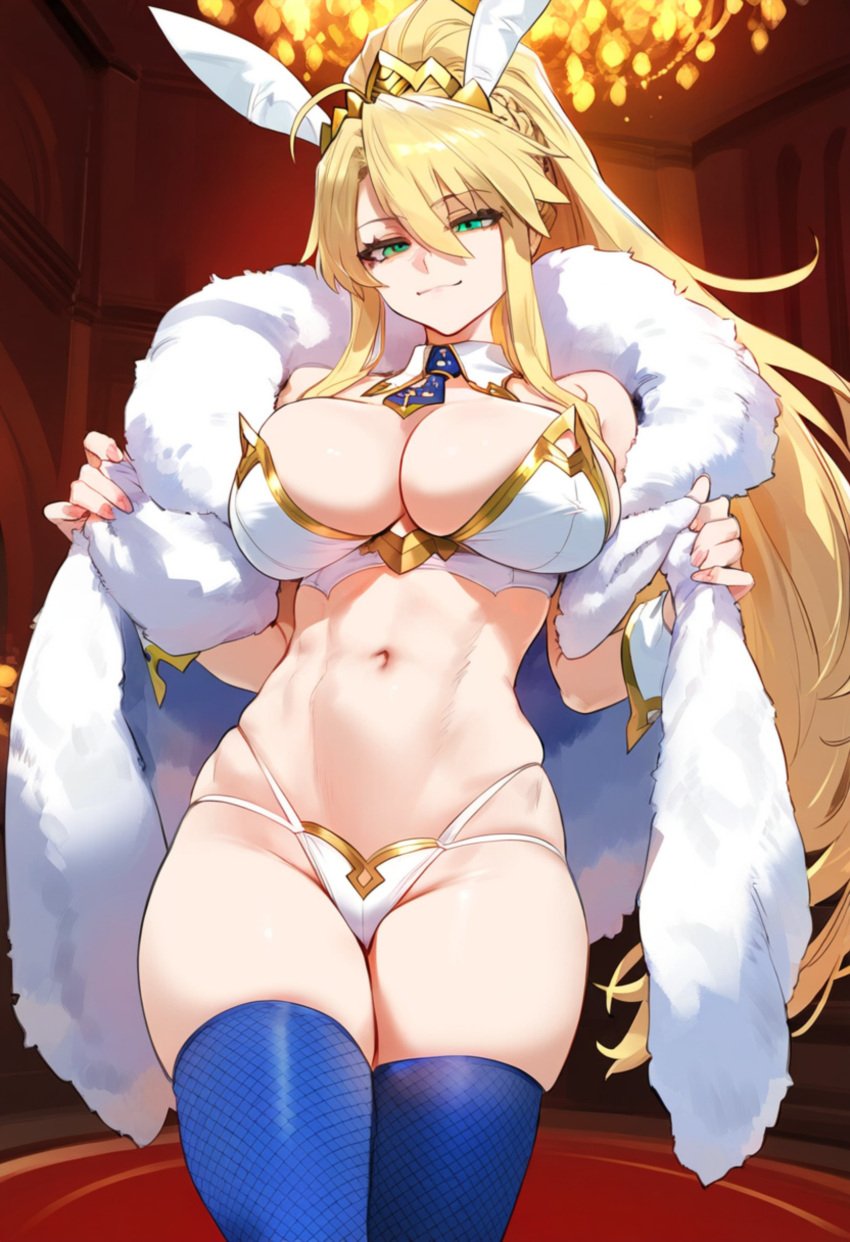 1girls ai_generated artoria_pendragon artoria_pendragon_(swimsuit_ruler) big_breasts blonde_hair breasts bunny_ears fate/grand_order fate_(series) female female_focus green_eyes hips huge_breasts large_breasts long_hair mature_female milf navel ponytail thick_thighs thighs