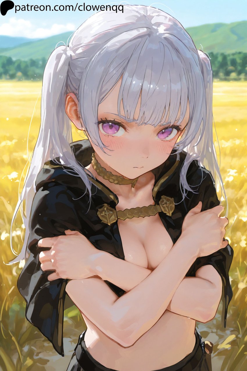 1girls ai_assisted ai_generated black_clover blush breasts cape closed_mouth clowenqq covering covering_breasts crossed_arms female female_focus female_only front_view highres looking_at_viewer no_bra noelle_silva outdoors outside purple_eyes solo solo_female solo_focus stable_diffusion twintails white_hair