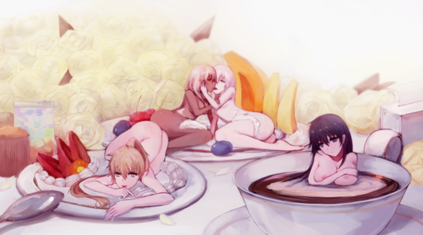 4girls :p ass banana black_eyes black_hair blonde_hair breasts cherry cup dark_skin flower food french_kiss fruit highres kissing large_breasts lying multiple_girls nipples nude on_side pale_skin partially_submerged plate pointy_ears red_eyes rose tongue tongue_out white_hair white_rose yukineko yuri