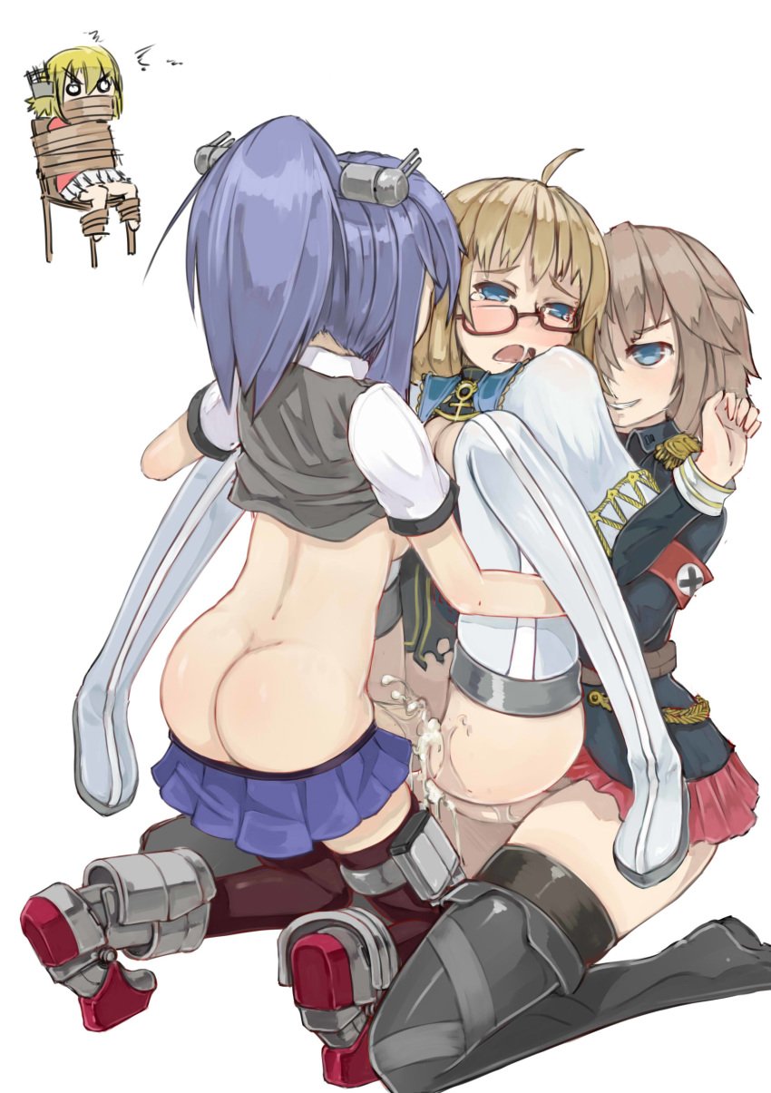 4girls absurdres anal angry armband ass bismarck_(zhan_jian_shao_nyu) black_legwear blonde_hair blue_eyes blue_hair blush boots breasts brown_hair chair cleavage cum cum_in_ass cum_in_pussy double_penetration futanari glasses headgear highres hood_(zhan_jian_shao_nyu) intersex kneeling leg_lift looking_at_another miniskirt multiple_girls open_mouth penis pleated_skirt ponytail prince_of_wales_(zhan_jian_shao_nyu) prinz_eugen_(zhan_jian_shao_nyu) rape red-framed_eyewear restrained saliva semi-rimless_glasses shirt_lift sideboob skirt smirk stmaster tears thigh_boots thighhighs tied_hair under-rim_glasses vaginal_penetration zhan_jian_shao_nyu