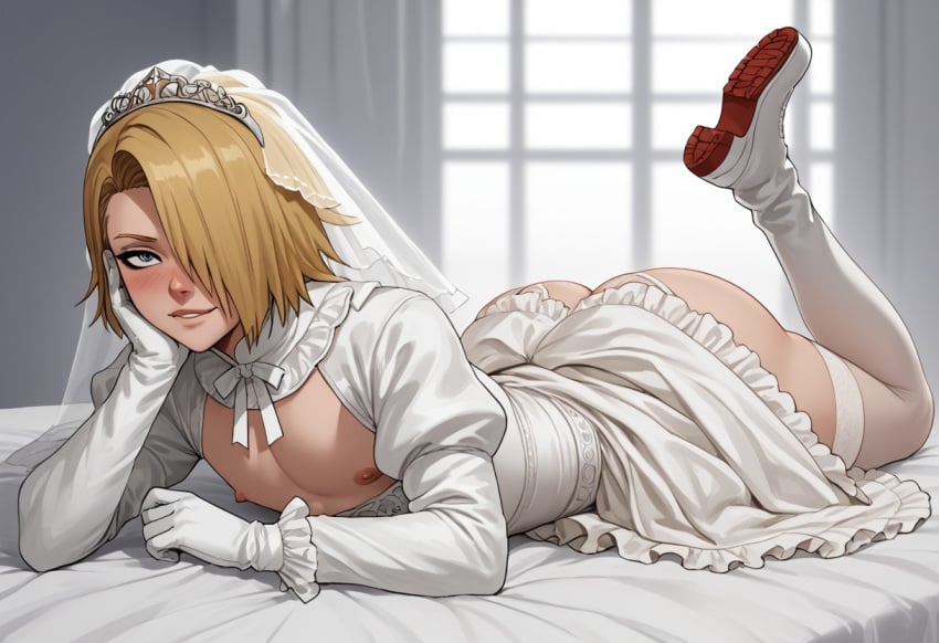 1boy ai_generated blonde_hair blue_eyes blush boots bride butt_focus buttons deidara femboy femboy_focus fishnets gloves goth hair_over_one_eye looking_at_viewer male male_only naruto naruto_(series) penis penis_on_face pleasure_face presenting sissy skirt smile solo solo_focus thighs wedding_dress white_clothing