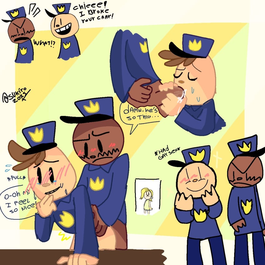 anal black_skin blowjob brown_hair chief_(dogman) circle_head cuckquean cum_in_mouth dogman_(series) gay gay_sex male/male male_only officer_knight_(dogman) toony yaoi