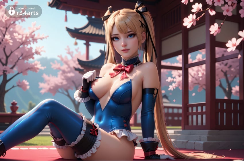 , 1girls ai_generated architecture arm_support artist_name bare_shoulders black_ribbon blonde_hair blue_eyes blue_one-piece_swimsuit blue_thighhighs bow breasts cherry_blossoms covered_navel day dead_or_alive dead_or_alive_5 dead_or_alive_5_last_round dead_or_alive_6 detached_collar detached_sleeves east_asian_architecture frilled_one-piece_swimsuit frilled_thighhighs frills gloves hair_ornament hair_ribbon hi_res highleg highleg_swimsuit lips long_hair looking_at_viewer marie_rose medium_breasts one-piece_swimsuit outdoors parted_lips petals r34arts red_bow ribbon sitting solo swimsuit thighhighs twintails very_long_hair x_hair_ornament