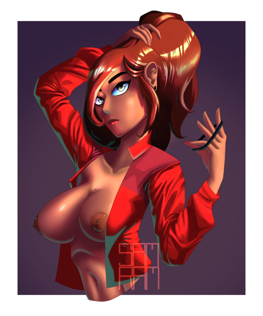 big_breasts carmen_sandiego carmen_sandiego_(2019) dark-skinned_female dark_skin half_body no_ one_girl only_girl red_hair red_jacket red_lipstick