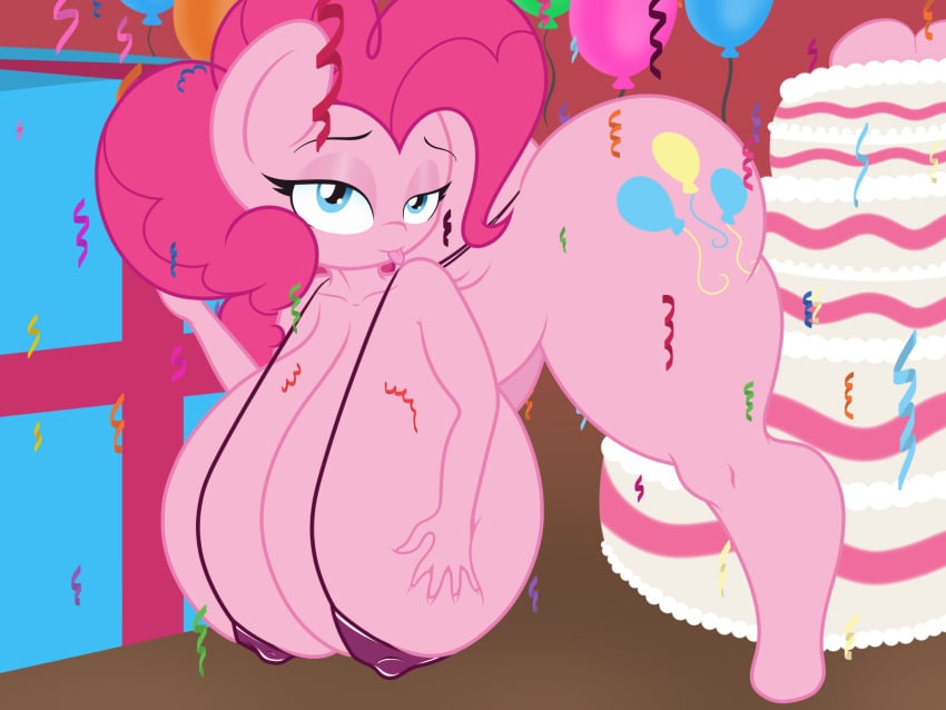 4:3 anthro ass balloon bedroom_eyes bent_over big_breasts big_butt bikini blep breasts cake clothed clothing dessert equid equine female food friendship_is_magic hanging_breasts hasbro hi_res huge_breasts hyper hyper_breasts inflatable lefthighkick mammal my_little_pony narrowed_eyes nipple_outline one-piece_swimsuit pinkie_pie_(mlp) seductive sling_bikini solo swimwear thick_thighs tongue tongue_out