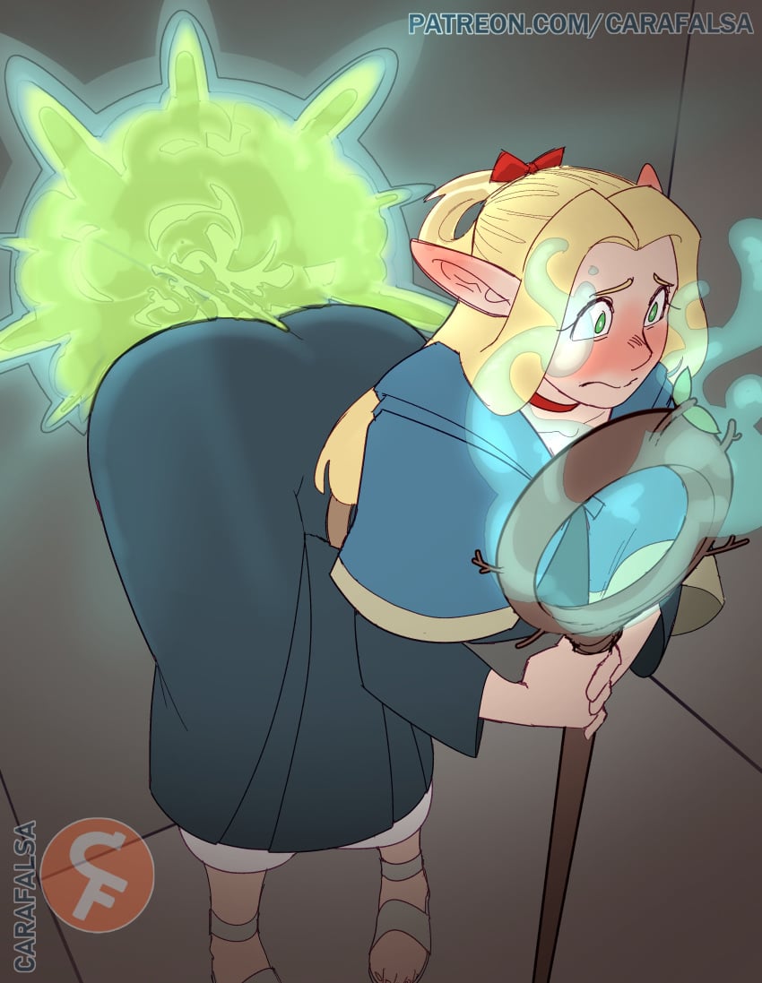 ass bent_over blonde_hair blue_capelet blue_robe blush capelet carafalsa choker clothed clothed_female dungeon_meshi elf elf_ears fart fart_cloud fart_fetish farting female glowing_fart green_eyes hair_ribbon huge_ass light-skinned_female mage magic marcille_donato portal red_choker red_ribbon sandals wand wizard_staff