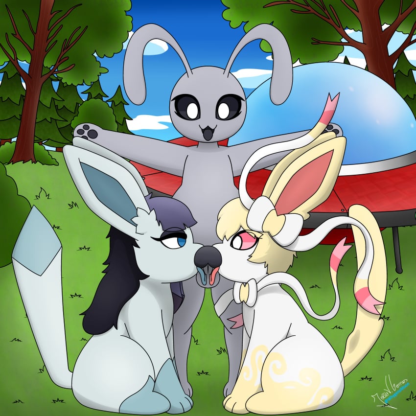 absurd_res alice_alien_(whygenamoon) ambiguous_gender eeveelution feral flying_saucer generation_4_pokemon generation_6_pokemon genitals glaceon group herm hi_res humanoid humanoid_genitalia humanoid_penis intersex licking nintendo outside penis pokemon pokemon_(species) sylveon t-pose tongue trio ufo whygenamoon