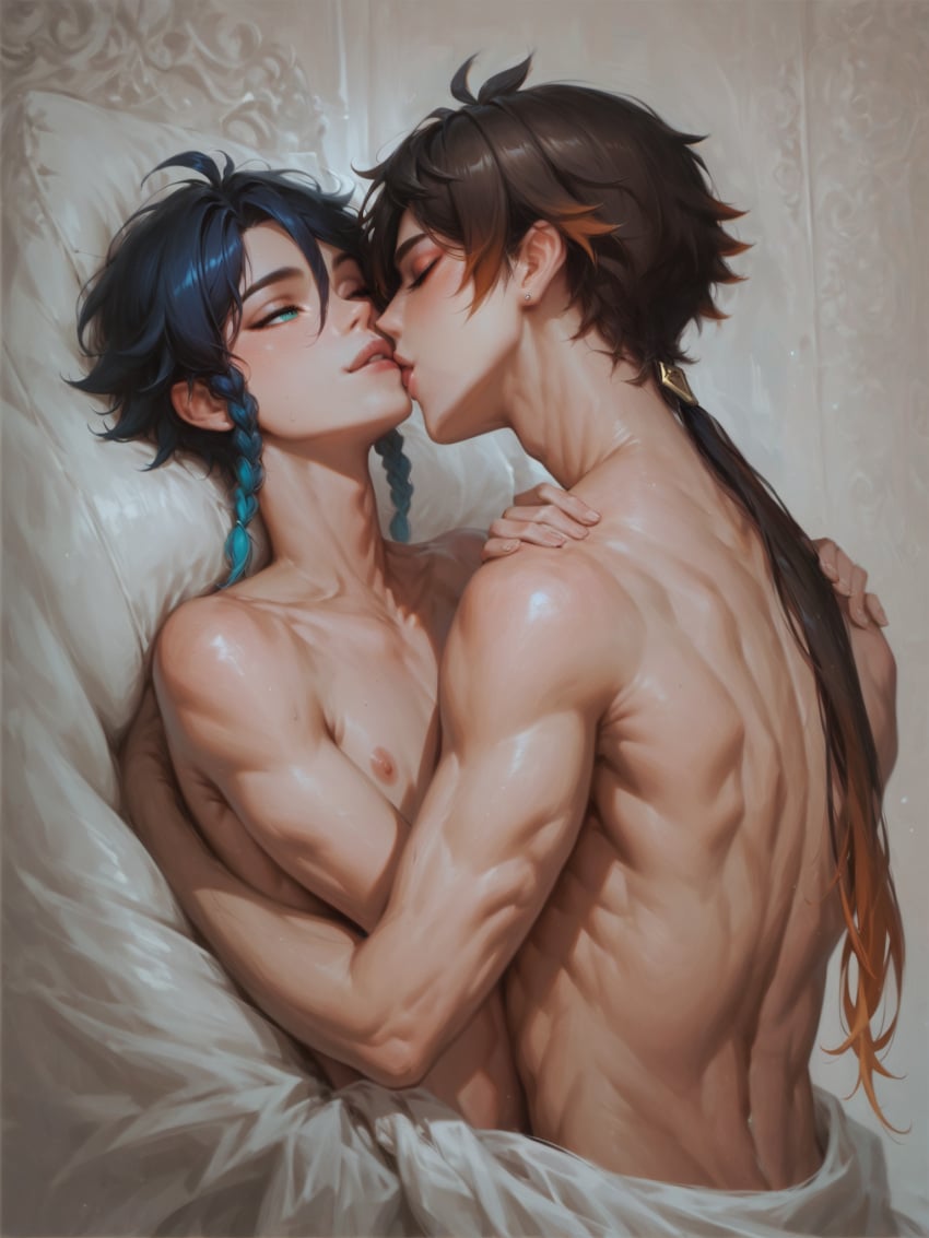 ai_generated detailed_shading gay genshin_impact kissing twink venti_(genshin_impact) yaoi zhongli_(genshin_impact)