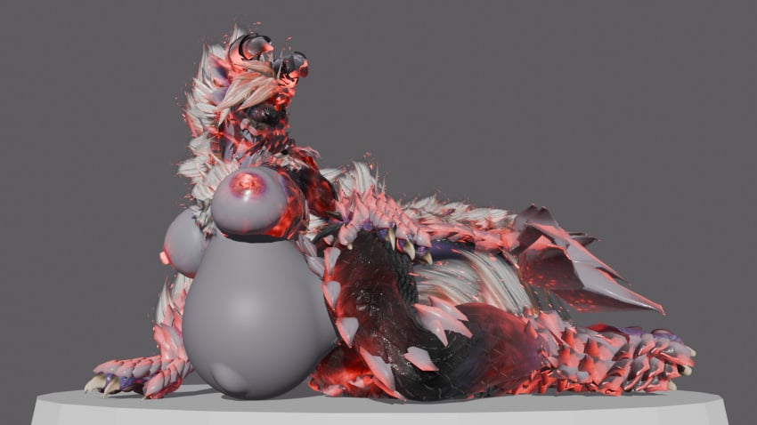 3d anthro apekweit belly big_belly big_breasts bioluminescent_nipples blender_(artwork) breasts capcom digital_media_(artwork) fanged_wyvern female hand_on_hip hi_res huge_belly lying monster_hunter on_side phrostbite pregnant scales solo wide_hips zinogre zinogre_(apekweit)