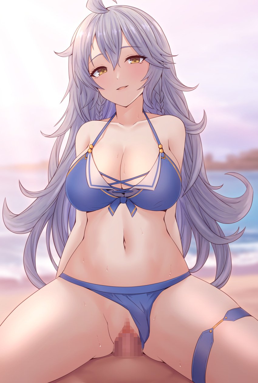 1boy absurdres ahoge bare_shoulders beach bikini bikini_bottom_aside blue_bikini braid breasts brown_eyes censored cleavage clothing_aside collarbone cowgirl_position cowgirl_position female front-tie_bikini_top front-tie_top granblue_fantasy hair_between_eyes highres koumei_(twinameless) large_breasts long_hair looking_at_viewer mosaic_censoring navel open_mouth outdoors penis pov sex silva_(granblue_fantasy) smile solo_focus straddling straight swimsuit thigh_strap thighs twin_braids vaginal_penetration